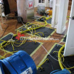 Blue air movers and yellow hoses in a floor drying setup