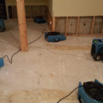 Air movers in an unfinished basement with exposed lower wall studs.