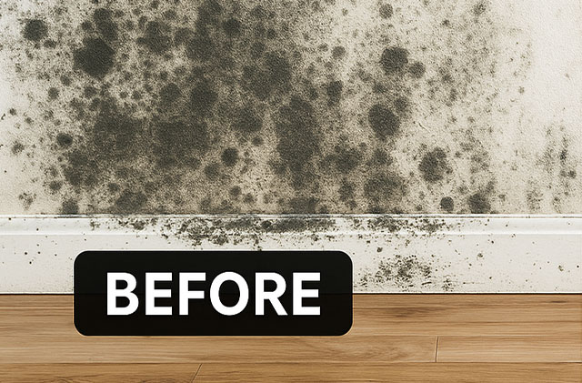 Wall covered in black mold before remediation