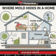 Diagram showing attic, walls, HVAC, and bathroom as mold hotspots, Basement wall with mold stains – sign of hidden mold