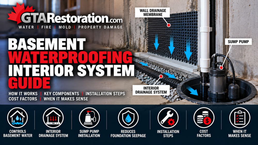 Basement waterproofing interior system guide showing interior drainage and sump pump