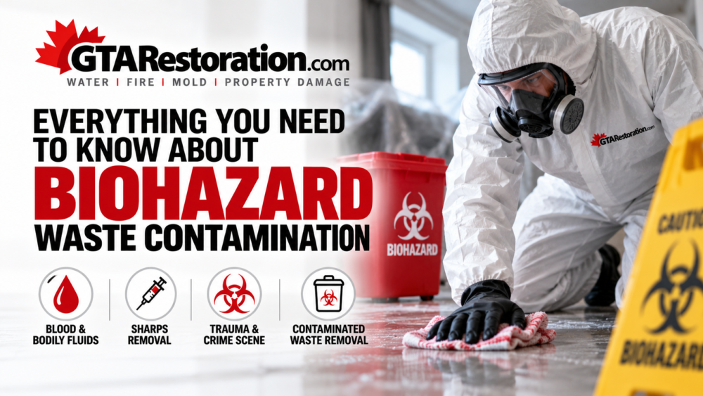 GTA Restoration graphic of a worker wiping a floor beside a labelled biohazard container.