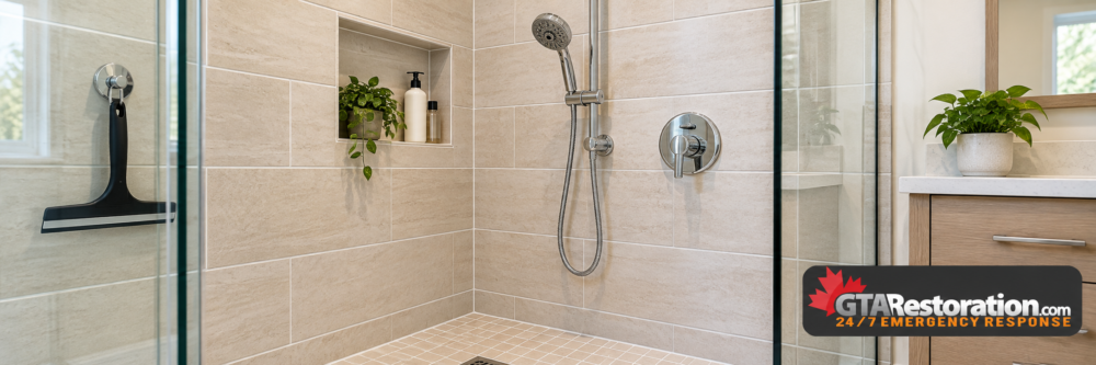 Clean Shower And Mould Prevention Clean tiled shower with glass doors, chrome fixtures and a hanging squeegee.
