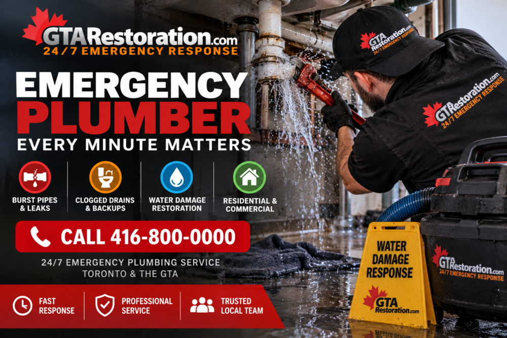 Emergency plumber responding to a burst pipe and water damage