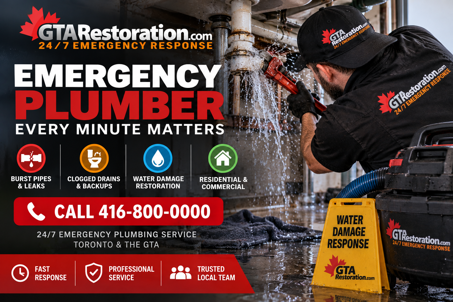 Emergency plumber responding to burst pipe water damage in Toronto