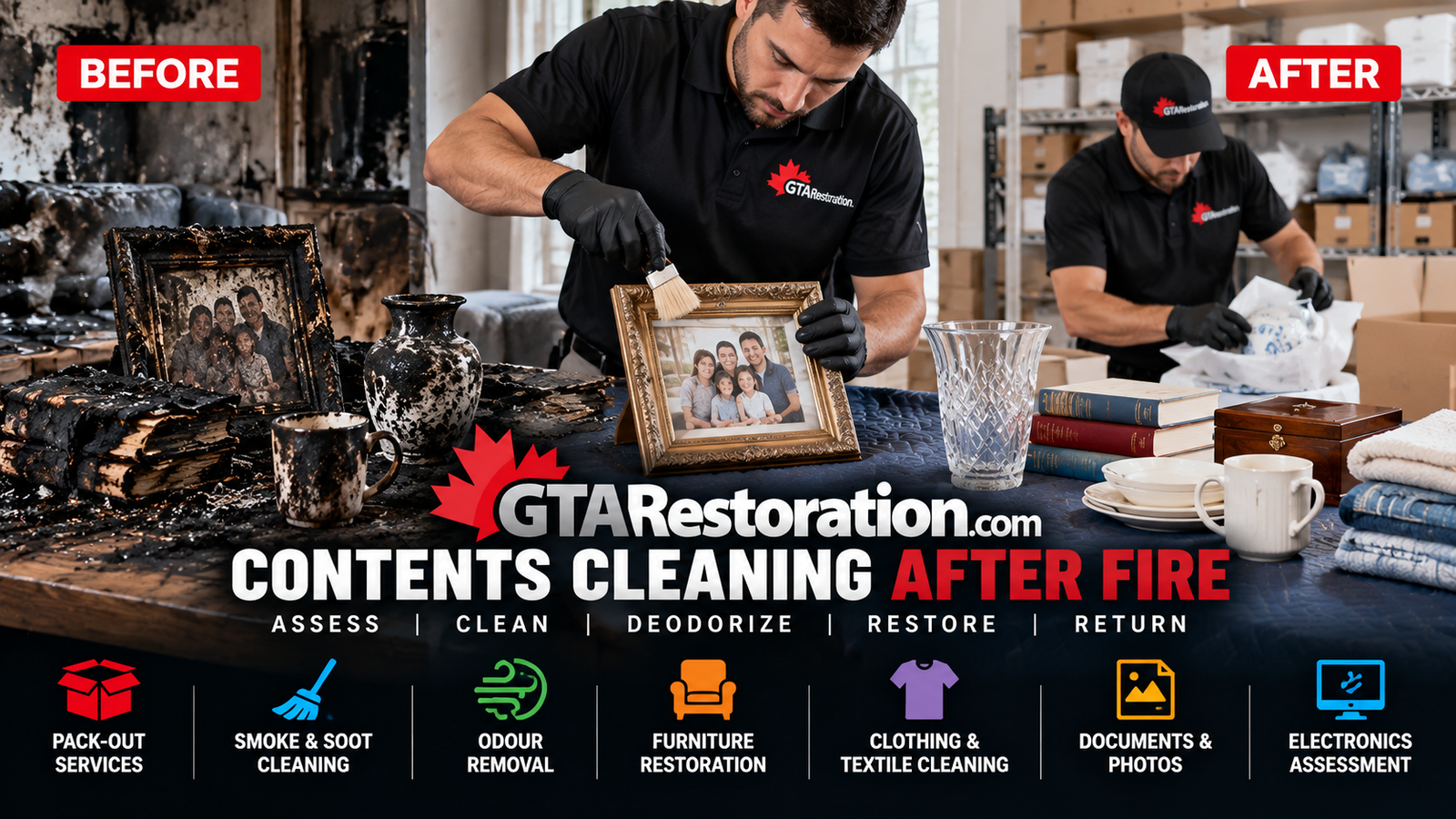 Fire Damaged Contents Before and After Contents cleaning after fire for smoke soot and fire damaged belongings