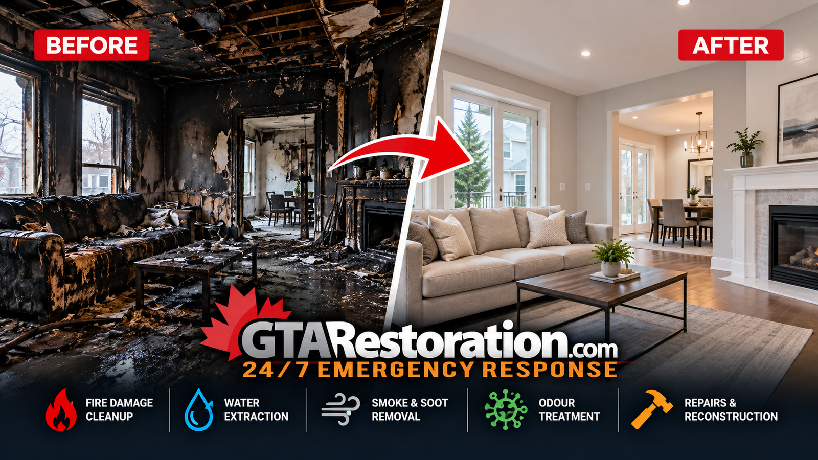 Before and after fire restoration showing fire damage cleanup and repairs