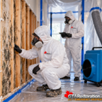 Two technicians working beside exposed wall studs inside plastic containment