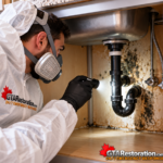 Technician using a flashlight beneath a kitchen sink