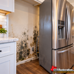 Dark patches on a kitchen wall beside a pulled-out refrigerator