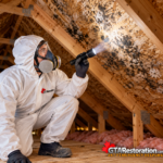 Worker in protective clothing shining a flashlight on attic roof boards