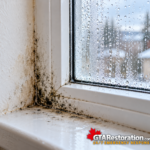 Condensation on window glass with mould around the frame and sill