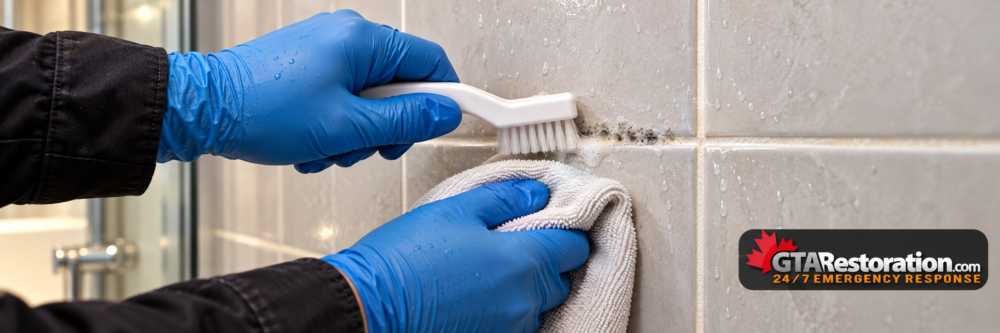 Gentle Grout Cleaning Blue-gloved hands cleaning a shower grout joint with a small brush and cloth.