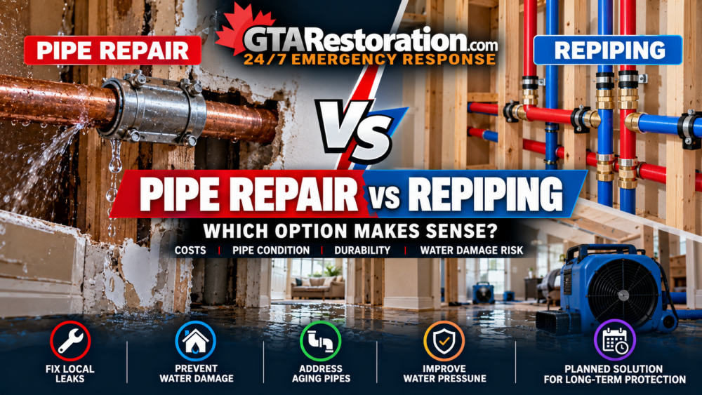 Pipe repair vs repiping: a leaking copper pipe beside new water supply lines