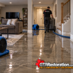 Flooded basement with standing water, restoration equipment, and a GTA Restoration technician