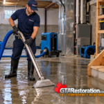 Technician extracting standing water from a basement floor with a vacuum wand