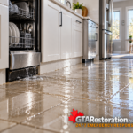 Water leaking beneath a dishwasher and spreading across a kitchen tile floor
