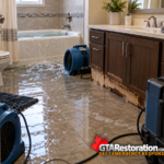 Overflowing bathtub with water across the bathroom floor and damage to the vanity base