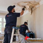 Technician removing peeling material from a water-stained ceiling