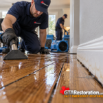 Technician extracting water from wet hardwood flooring beside a stained baseboard