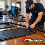 Technician connecting hoses to drying mats on a water-damaged hardwood floor