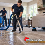 Technicians extracting water from a living room carpet with furniture raised on blocks