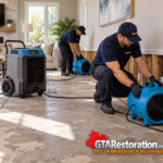 Technicians positioning air movers beside exposed wall framing and a commercial dehumidifier