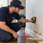 Technician checking water-stained drywall with a handheld moisture meter