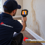 Technician aiming a thermal camera at a water-stained interior wall