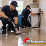 Technicians extracting laundry room floodwater and checking washing machine supply connections