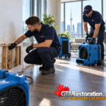 Technicians inspecting exposed condo wall framing and positioning drying equipment