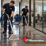 Two technicians extracting water from an office corridor beside glass meeting rooms