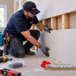 Technician fitting replacement drywall along the lower section of an interior wall