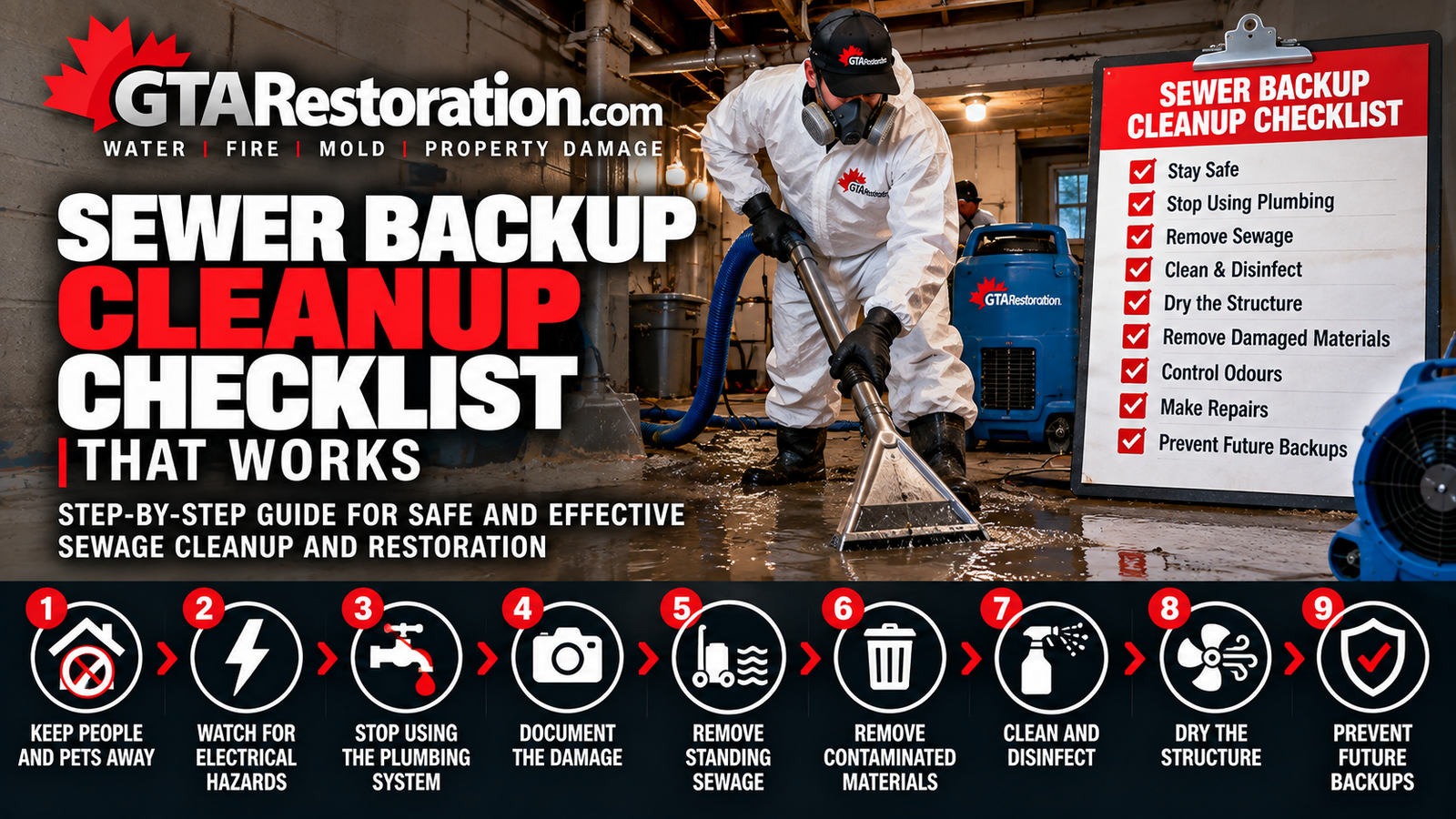 Sewer backup cleanup checklist for sewage cleanup and restoration