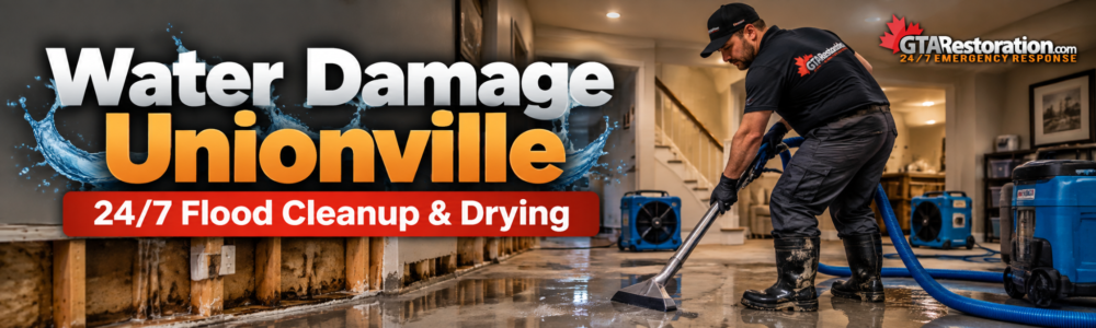 Promotional banner for water damage in Unionville showing a worker extracting water beside exposed wall framing.
