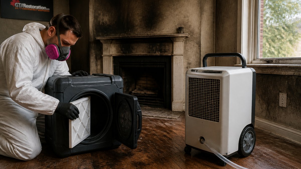 A restoration technician in white protective coveralls and a respirator adjusting the filter housing of a portable air scrubber in a smoke-damaged living room, soot staining the walls above a fireplace, a dehumidifier with a drain hose positioned nearby, daylight through a window
