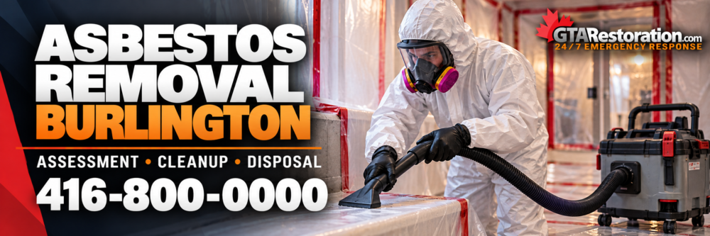 Asbestos Removal Burlington Cleanup Banner Illustrated banner for asbestos removal in Burlington showing a protected worker vacuuming a covered surface inside containment.