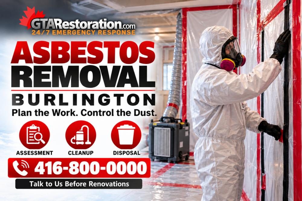 Asbestos Removal Burlington Promo Promotional illustration of a worker in protective clothing and a respirator checking a sealed containment doorway.