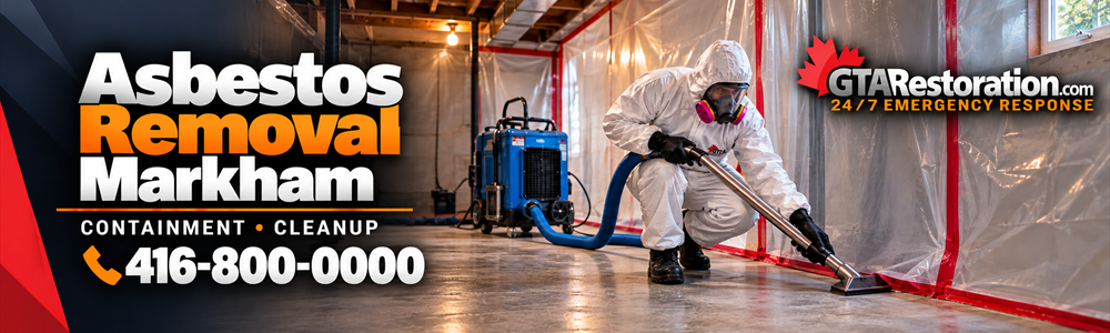 Illustration of asbestos removal in Markham with a protected worker vacuuming inside a contained room.