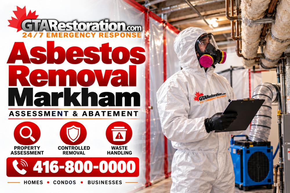 Illustrated Markham asbestos removal poster showing a protected worker inspecting insulated pipes with a clipboard.