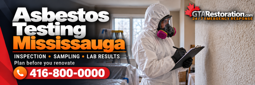 Asbestos testing in Mississauga promotional illustration showing a protected assessor checking a textured wall.