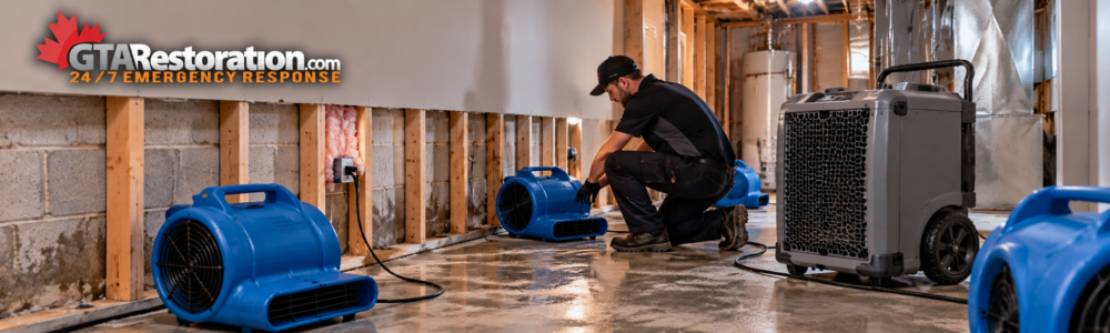 GTA Restoration basement wall drying with air movers and commercial dehumidifier