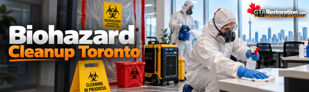 Biohazard cleanup Toronto banner showing a crew cleaning an office