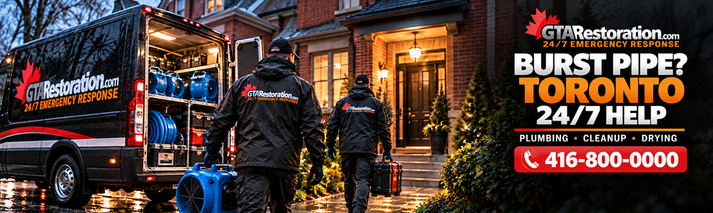 Leaking copper pipe and fitting needing repair, Burst Pipe Toronto Emergency Response Banner Restoration crew carrying drying equipment and tools from a branded van toward a brick home.