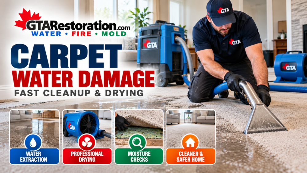 Carpet water damage with professional extraction, drying, moisture checks and cleanup