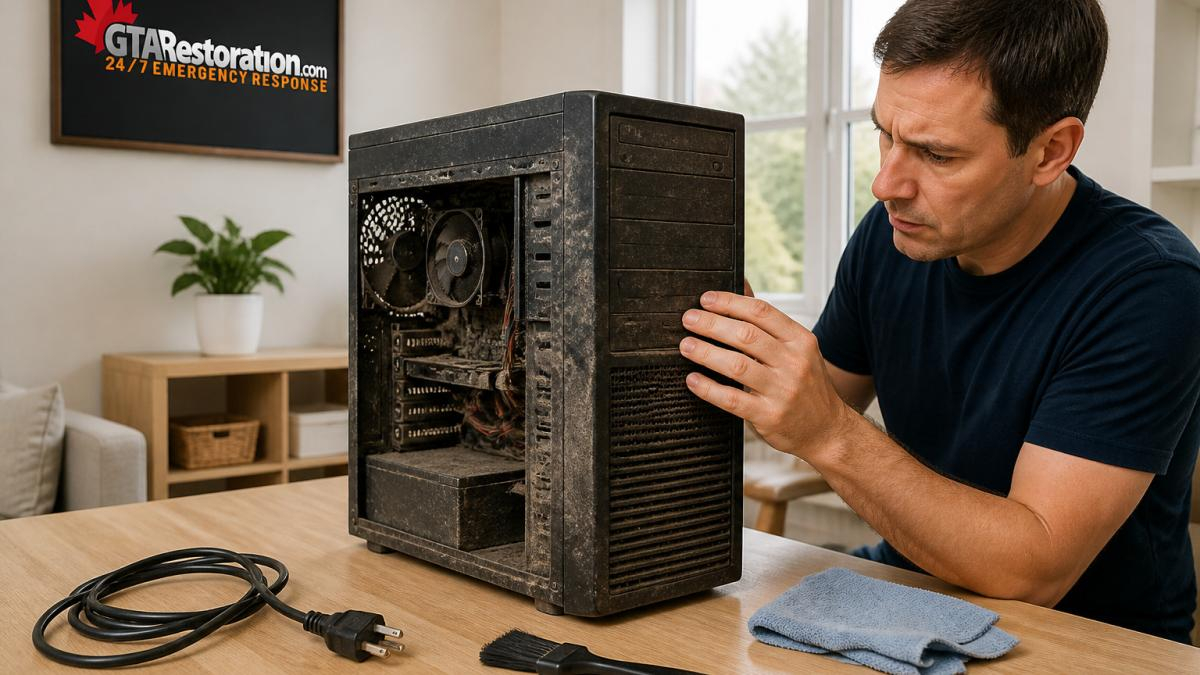 Homeowner carefully cleaning smoke residue from electronics using a soft brush on a desktop computer.