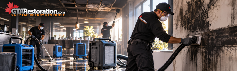 Commercial fire damage cleanup Grimsby with smoke removal, soot cleaning, drying equipment and restoration service
