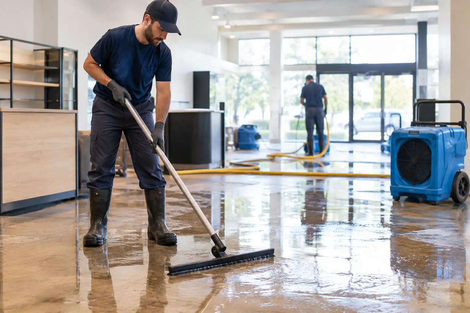 Workers removing standing water during flood recovery in a commercial space