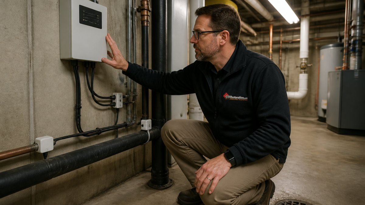 A facilities manager in a commercial mechanical room inspecting a wall-mounted leak detection panel, with small sensors clipped near insulated pipes and a concrete floor drain visible under fluorescent lighting