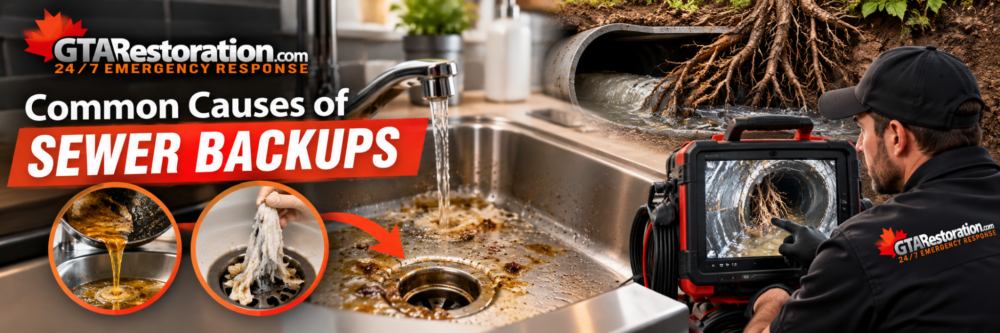 Common causes of sewer backups including grease, wipes, tree roots and blocked sewer lines